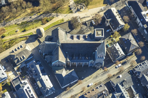 Aerial view, catholic church St. Martinus, town wall with angel tower, vertical shot, Olpe town, Olpe, Sauerland, North Rhine-Westphalia, Germany, DE, Europe, aerial view, aerial photography, aerial photography, overview, bird's-eye view, overview