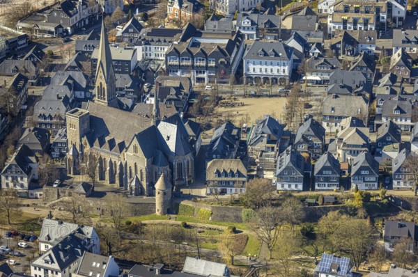 Aerial view, catholic church St. Martinus and town wall with angel tower, Olpe town, Olpe, Sauerland, North Rhine-Westphalia, Germany, DE, Europe, aerial view, aerial photography, aerial photography, tower, overview, bird's-eye view, overview
