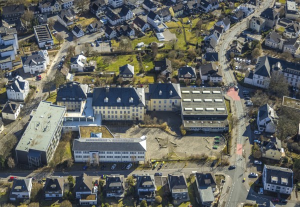 Aerial photo, Städtisches Gymnasium Olpe, Olpe-Stadt, Olpe, Sauerland, North Rhine-Westphalia, Germany, education, educational institution, DE, Europe, grammar school, teaching institute, aerial photo, aerial photography, aerial photography, school, overview, bird's-eye view, birds-eyes view, overview