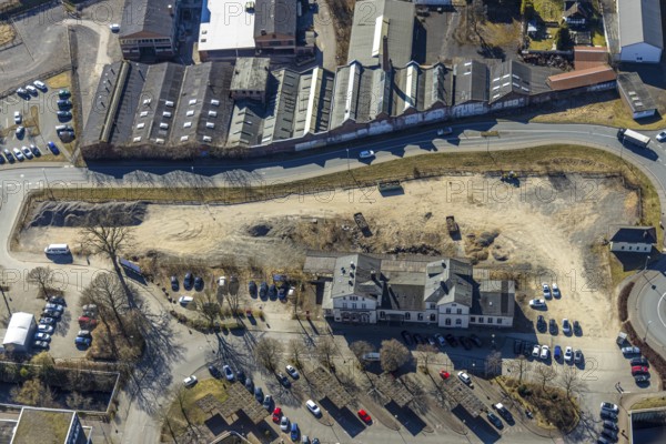 Aerial view, construction site former Olpe railway station, Olpe town, Olpe, Sauerland, North Rhine-Westphalia, Germany, railway area, railway station, DE, Deutsche Bahn AG, Europe, main station, main station, aerial view, aerial photography, aerial photography, overview, bird's-eye view, overview