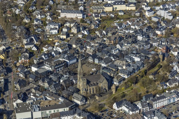 Aerial view, City with market place and St. Martinus Catholic Church, Olpe City, Olpe, Sauerland, North Rhine-Westphalia, Germany, place of worship, DE, Europe, religious community, place of worship, holy place, city centre, church, parish, denomination, aerial view, aerial photography, aerial photography, religion, religious site, overview, bird's-eye view, residential, residential area, birds-eyes view, overview