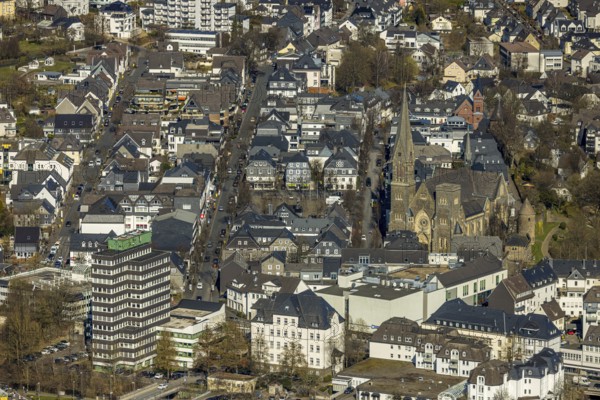 Aerial view, former Olpe railway station, left Olpe town hall, Altes Lyzeum (music school) and shopping centre, city and St. Martinus catholic church, roundabout Stellwerkstraße, Olpe city, Olpe, Sauerland, North Rhine-Westphalia, Germany, place of worship, authority, DE, Europe, religious community, place of worship, holy place, church, parish, denomination, aerial view, aerial photography, aerial photography, religion, religious site, overview, bird's eye view, birds-eyes view, overview