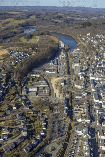 Aerial view, City with town hall, Interkommunaler Gewerbepark Hüppcherhammer GmbH, construction site former railway station Olpe, Olpe-Stadt, Olpe, Sauerland, North Rhine-Westphalia, Germany, railway area, railway station, DE, Deutsche Bahn AG, Europe, main station, main station, aerial view, aerial photography, aerial photography, overview, bird's-eye view, overview