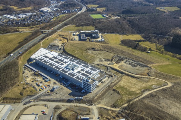 Aerial view, commercial area Nicolaus-Otto-Straße with construction site and new building Alte Landstraße and Am Bratzkopf, Olpe-Stadt, Olpe, Sauerland, North Rhine-Westphalia, Germany, DE, Europe, commercial enterprises, commercial area, commercial area, commercial property, commercial park, commercial location, commercial use, industrial location, aerial view, aerial photography, aerial photography, overview, bird's-eye view, overview