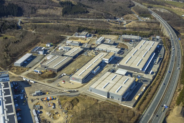 Aerial view, commercial area Nicolaus-Otto-Straße, at the motorway A45, Olpe city, Olpe, Sauerland, North Rhine-Westphalia, Germany, DE, Europe, commercial enterprises, commercial area, commercial property, commercial park, commercial location, commercial use, industrial location, aerial photograph, aerial photography, aerial photography, overview, bird's-eye view, birds-eyes view, overview