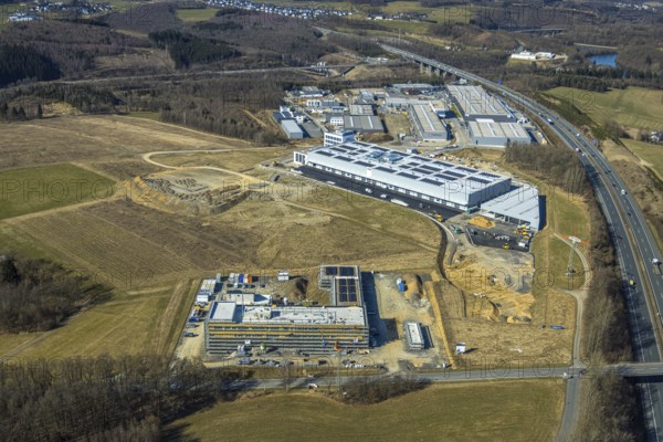 Aerial view, commercial area Nicolaus-Otto-Straße with construction site and new building Alte Landstraße and Am Bratzkopf, Olpe-Stadt, Olpe, Sauerland, North Rhine-Westphalia, Germany, DE, Europe, commercial enterprises, commercial area, commercial area, commercial property, commercial park, commercial location, commercial use, industrial location, aerial view, aerial photography, aerial photography, overview, bird's-eye view, overview