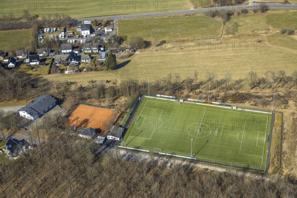 Aerial view, football stadium Sportverein Eintracht Kleusheim e.V., tennis courts Tennisclub TC Kleusheim, Altenkleusheim, Olpe, Sauerland, North Rhine-Westphalia, Germany, DE, Europe, football pitch, football stadium, football club, aerial view, aerial photography, aerial photography, sports, sports facilities, sports field, sports facility, stadium, tennis, tennis facility, tennis courts, tennis club, overview, bird's-eye view, overview