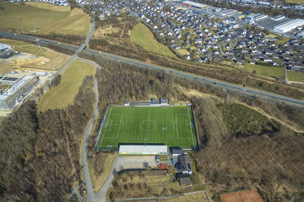 Aerial photo, football stadium sports field VfR Rüblinghausen, motorway A45, Dahl, Olpe, Sauerland, North Rhine-Westphalia, Germany, DE, Europe, football field, football stadium, football club, aerial photo, aerial photography, aerial photography, sports, sports facilities, sports field, sports facility, stadium, overview, bird's-eye view, overview