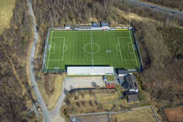 Aerial photo, football stadium sports field VfR Rüblinghausen, Dahl, Olpe, Sauerland, North Rhine-Westphalia, Germany, DE, Europe, football field, football stadium, football club, aerial photo, aerial photography, aerial photography, sports, sports facilities, sports field, sports facility, stadium, overview, bird's-eye view, birds-eyes view, overview