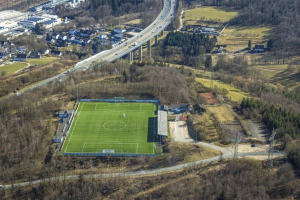Aerial photo, football stadium sports field VfR Rüblinghausen, motorway A45, Dahl, Olpe, Sauerland, North Rhine-Westphalia, Germany, DE, Europe, football field, football stadium, football club, aerial photo, aerial photography, aerial photography, sports, sports facilities, sports field, sports facility, stadium, overview, bird's-eye view, overview