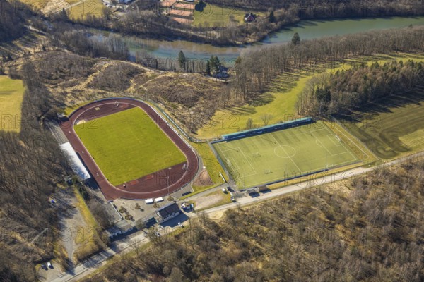 Aerial view, Kreuzbergstadion football stadium and athletics stadium with side field, river Brachtpe, Olpe town, Olpe, Sauerland, North Rhine-Westphalia, Germany, DE, Europe, football pitch, football stadium, athletics stadium, aerial view, aerial photography, aerial photography, sports, sports facilities, sports field, sports facility, stadium, overview, bird's eye view, birds-eyes view, overview