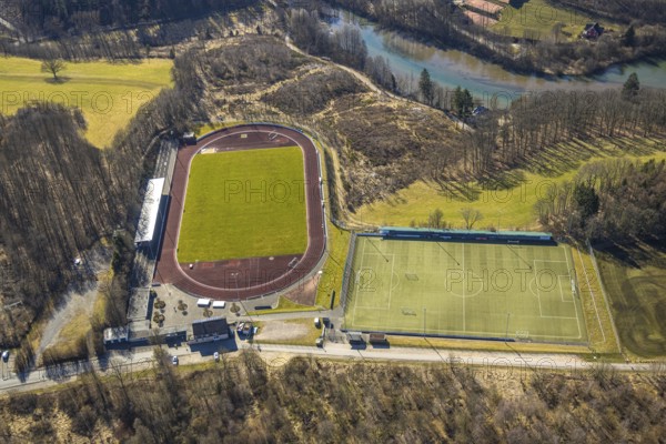 Aerial view, Kreuzbergstadion football stadium and athletics stadium with side field, Olpe city, Olpe, Sauerland, North Rhine-Westphalia, Germany, DE, Europe, football pitch, football stadium, athletics stadium, aerial view, aerial photography, aerial photography, sports, sports facilities, sports field, sports facility, stadium, overview, bird's-eye view, bird's-eye view, overview
