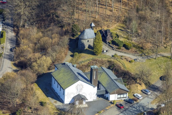 Aerial view, Lourdes Grotto and St Joseph's Church, Altenkleusheim, Olpe, Sauerland, North Rhine-Westphalia, Germany, place of worship, DE, Europe, religious community, place of worship, holy site, church, parish, denomination, aerial view, aerial photography, aerial photography, religion, religious site, overview, bird's-eye view, bird's-eye view, overview