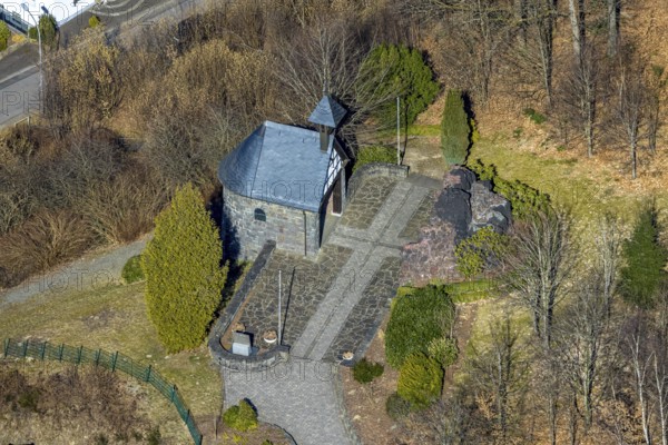 Aerial view, Lourdes Grotto with gardens, Altenkleusheim, Olpe, Sauerland, North Rhine-Westphalia, Germany, place of worship, DE, Europe, religious community, place of worship, holy place, church, parish, denomination, aerial view, aerial photography, aerial photography, religion, religious site, overview, bird's-eye view, overview