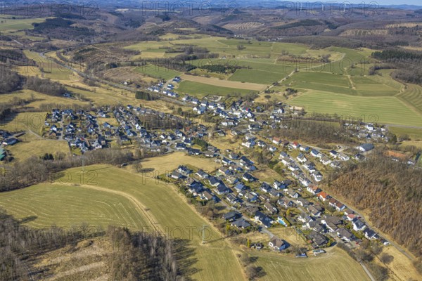 Aerial view, residential area, view of Altenkleusheim, Olpe, Sauerland, North Rhine-Westphalia, Germany, DE, Europe, property tax, real estate, aerial view, aerial photography, aerial photography, overview, bird's-eye view, residential complex, living and living, residential area, residential quality, residential neighbourhood, housing estate, residential district, birds-eyes view, overview