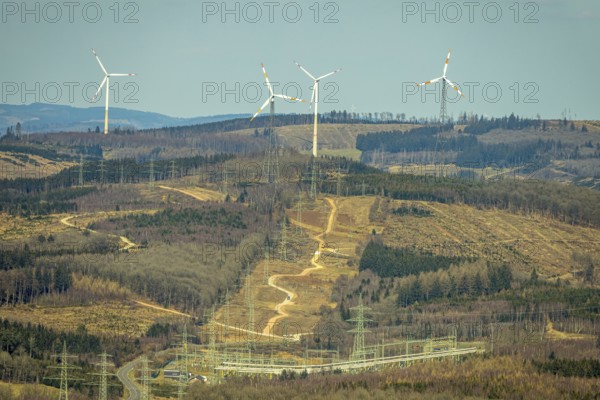 Aerial view, Altenkleusheim substation, wind turbines and distant view, forest area and forest damage, Altenkleusheim, Olpe, Sauerland, North Rhine-Westphalia, Germany, DE, Europe, aerial view, aerial photography, aerial photography, overview, bird's-eye view, overview