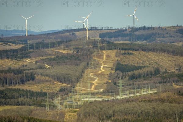 Aerial view, Altenkleusheim substation, wind turbines and distant view, forest area and forest damage, Altenkleusheim, Olpe, Sauerland, North Rhine-Westphalia, Germany, DE, Europe, aerial view, aerial photography, aerial photography, overview, bird's-eye view, overview