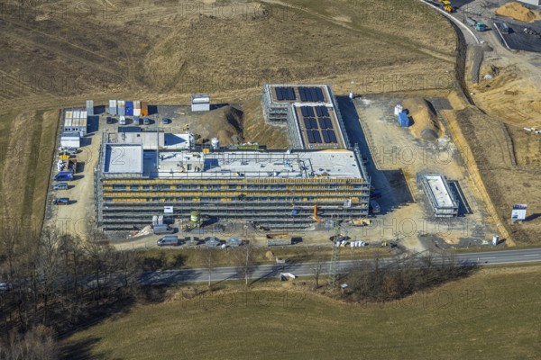 Aerial view, commercial area Nicolaus-Otto-Straße with construction site and new building Alte Landstraße and Am Bratzkopf, Olpe-Stadt, Olpe, Sauerland, North Rhine-Westphalia, Germany, DE, Europe, commercial enterprises, commercial area, commercial area, commercial property, commercial park, commercial location, commercial use, industrial location, aerial view, aerial photography, aerial photography, overview, bird's-eye view, overview