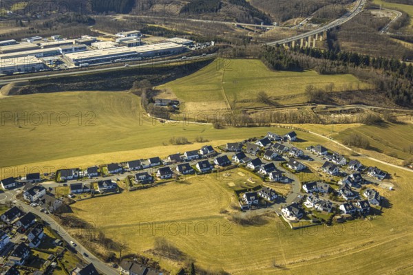Aerial view, single-family house, housing estate and playground Ebbeblick, behind motorway A45 and A1 Zaundiscount Olpe Zaunfachhandel, Olpe-Stadt, Olpe, Sauerland, North Rhine-Westphalia, Germany, DE, Europe, commercial enterprises, commercial area, commercial property, commercial location, commercial use, property tax, real estate, industrial location, aerial view, aerial photography, aerial photography, overview, bird's-eye view, residential area, housing and living, residential area, residential quality, residential neighbourhood, residential district, birds-eyes view, overview