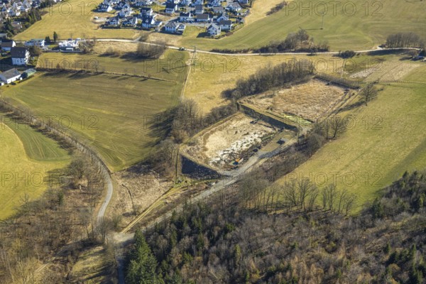 Aerial view, fallow land An den Klippen, Olpe-Stadt, Olpe, Sauerland, North Rhine-Westphalia, Germany, DE, Europe, aerial view, aerial photography, aerial photography, overview, bird's eye view, birds-eyes view, overview