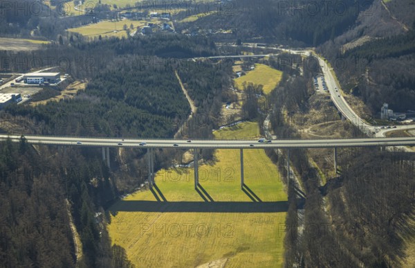 Aerial view, motorway bridge Rosenthal of the A45 Sauerlandlinie, junction Olpe, Olpe-Stadt, Olpe, Sauerland, North Rhine-Westphalia, Germany, motorway A45, federal road B55, DE, Europe, aerial view, aerial photography, aerial photography, valley bridge, overview, bird's-eye view, overview