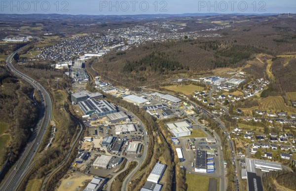 Aerial view, commercial area Im Langen Feld, left motorway A45, right forest area, view to Olpe, Dahl, Olpe, Sauerland, North Rhine-Westphalia, Germany, DE, Europe, commercial enterprises, commercial area, commercial property, commercial location, commercial use, industrial area, industrial location, aerial view, aerial photography, aerial photography, overview, bird's eye view, birds-eyes view, overview
