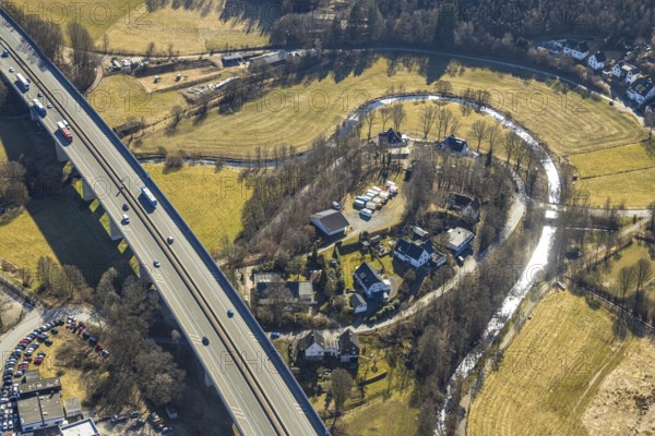 Aerial view, river Bigge and motorway A45 with viaduct. Saßmicke, motorway bridge of the Sauerland line, Dahl, Olpe, Sauerland, North Rhine-Westphalia, Germany, motorway, motorway bridge, DE, Europe, aerial view, aerial photography, aerial photography, viaduct, overview, bird's-eye view, overview