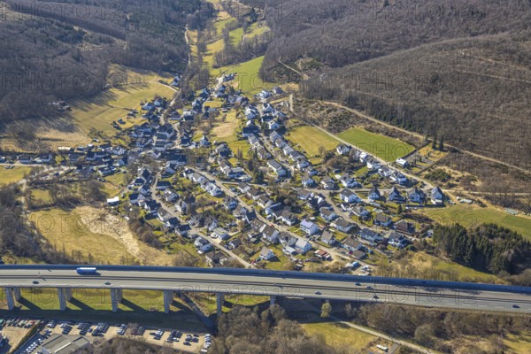 Aerial view, district Saßmicke and forest area, motorway A45 with viaduct. Saßmicke, motorway bridge of the Sauerland line, Dahl, Olpe, Sauerland, North Rhine-Westphalia, Germany, motorway, motorway bridge, DE, Europe, aerial view, aerial photography, aerial photography, viaduct, overview, bird's-eye view, overview