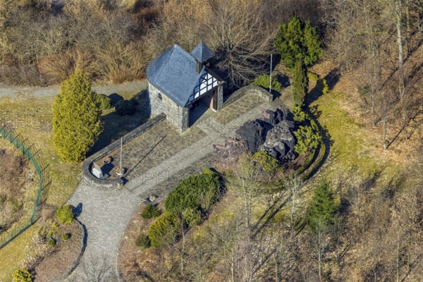 Aerial view, Lourdes Grotto with gardens, Altenkleusheim, Olpe, Sauerland, North Rhine-Westphalia, Germany, place of worship, DE, Europe, religious community, place of worship, holy place, church, parish, denomination, aerial view, aerial photography, aerial photography, religion, religious site, overview, bird's-eye view, overview