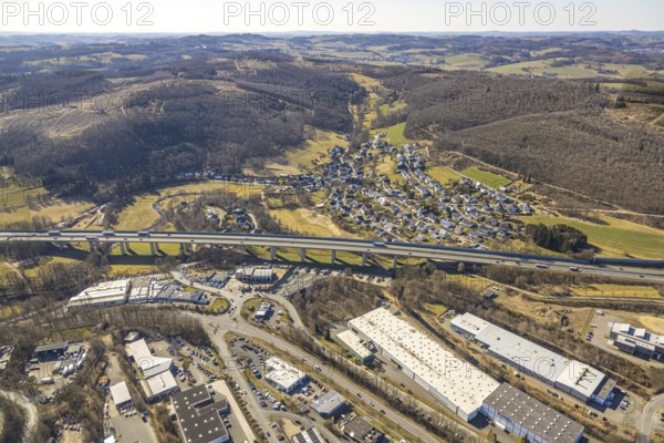 Aerial view, district Saßmicke and forest area, motorway A45 with valley bridge Saßmicke, motorway bridge of the Sauerland line, Saßmicke, Olpe, Sauerland, North Rhine-Westphalia, Germany, motorway, motorway bridge, DE, Europe, aerial view, aerial photography, aerial photography, valley bridge, overview, bird's-eye view, overview