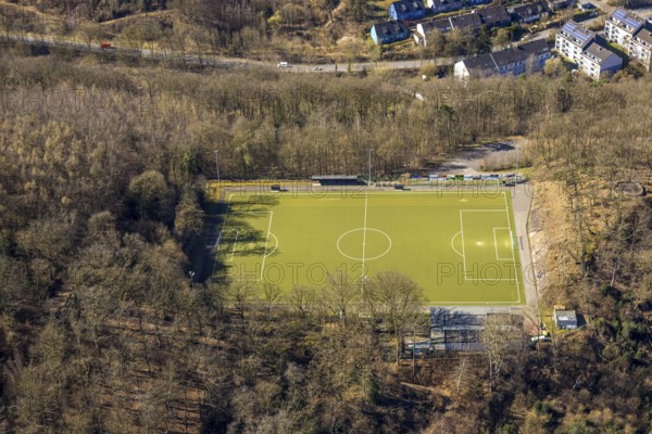 Aerial view, sports field Am Brasberg football stadium in the forest, Wengern, Wetter, Ruhr area, North Rhine-Westphalia, Germany, DE, Europe, football field, football stadium, football club, aerial view, aerial photography, aerial photography, sports, sports facilities, sports field, sports facility, stadium, overview, bird's eye view, Wetter (Ruhr), birds-eyes view, overview