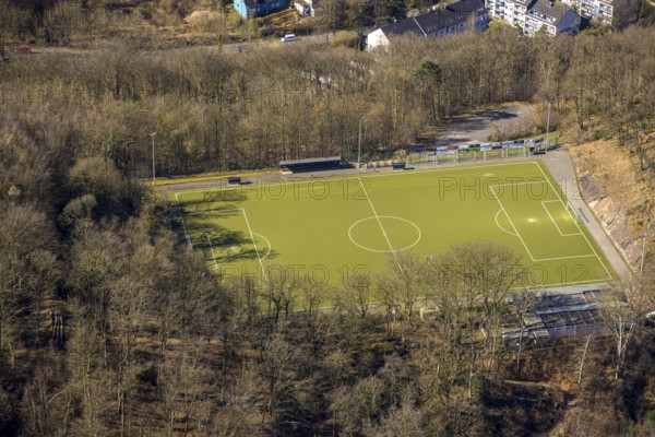 Aerial view, sports field Am Brasberg football stadium in the forest, Wengern, Wetter, Ruhr area, North Rhine-Westphalia, Germany, DE, Europe, football field, football stadium, football club, aerial view, aerial photography, aerial photography, sports, sports facilities, sports field, sports facility, stadium, overview, bird's eye view, Wetter (Ruhr), birds-eyes view, overview