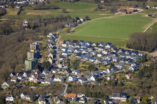 Aerial view, new construction of single-family houses, housing estate Auf dem Elberg and Schultes Höhe, three high-rise buildings, meadow area, Wengern, Wetter, Ruhr area, North Rhine-Westphalia, Germany, building plots, construction project, colourful trees, trees in autumn colours, DE, Europe, property tax, autumn, autumn colours, autumn atmosphere, autumn forest, autumn forest colours, high-rise buildings, real estate, aerial view, aerial photography, aerial photography, overview, bird's-eye view, forest in autumn colours, Wetter (Ruhr), housing estate, housing and living, residential area, residential buildings, residential quality, residential quarter, housing estate, residential district, birds-eyes view, autumn forest, overview