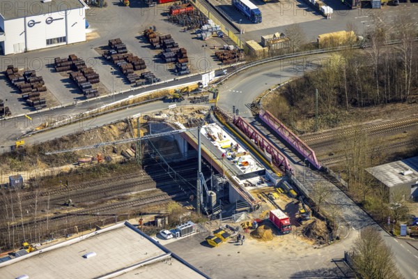 Aerial view, construction site and new bridge Auf der Bleiche over railway line, Wengern, Wetter, Ruhr area, North Rhine-Westphalia, Germany, DE, Europe, aerial view, aerial photography, aerial photography, overview, bird's eye view, Wetter (Ruhr), birds-eyes view, overview