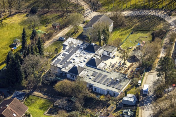 Aerial view, AWO sub-district Ennepe-Ruhr day-care centre with solar roof, Wengern, Wetter, Ruhr area, North Rhine-Westphalia, Germany, DE, Europe, aerial view, aerial photography, aerial photography, overview, bird's-eye view, Wetter (Ruhr), birds-eyes view, overview