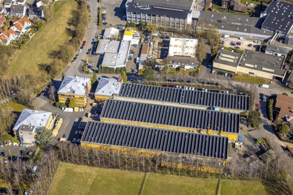 Aerial view, Taprogge GmbH mechanical engineering company factory buildings, in the industrial estate Herringhäuser Feld, Esborn, Wetter, Ruhr area, North Rhine-Westphalia, Germany, DE, Europe, commercial enterprises, commercial area, commercial property, commercial park, commercial site, commercial use, industrial area, industrial site, aerial photograph, aerial photography, aerial photography, overview, bird's-eye view, Wetter (Ruhr), birds-eyes view, overview