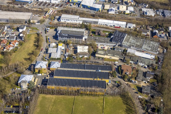 Aerial view, Taprogge GmbH mechanical engineering company factory buildings, in the industrial estate Herringhäuser Feld, Esborn, Wetter, Ruhr area, North Rhine-Westphalia, Germany, DE, Europe, commercial enterprises, commercial area, commercial property, commercial park, commercial site, commercial use, industrial area, industrial site, aerial photograph, aerial photography, aerial photography, overview, bird's-eye view, Wetter (Ruhr), birds-eyes view, overview