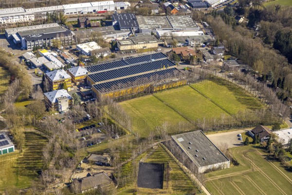 Aerial view, Taprogge GmbH mechanical engineering company factory buildings, in the industrial estate Herringhäuser Feld, Esborn, Wetter, Ruhr area, North Rhine-Westphalia, Germany, DE, Europe, commercial enterprises, commercial area, commercial property, commercial park, commercial site, commercial use, industrial area, industrial site, aerial photograph, aerial photography, aerial photography, overview, bird's-eye view, Wetter (Ruhr), birds-eyes view, overview