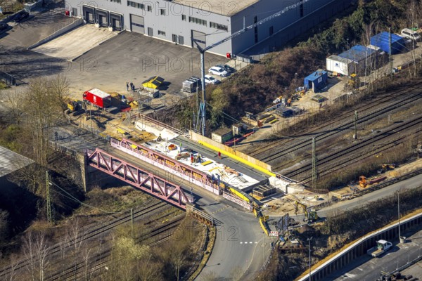 Aerial view, construction site and new bridge Auf der Bleiche over railway line, Wengern, Wetter, Ruhr area, North Rhine-Westphalia, Germany, DE, Europe, aerial view, aerial photography, aerial photography, overview, bird's eye view, Wetter (Ruhr), birds-eyes view, overview