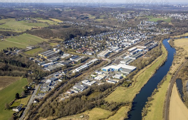 Aerial view, commercial area Auf der Bleiche with river Ruhr and residential area Osterfeldstraße, view of Wengern, Wetter, Ruhr area, North Rhine-Westphalia, Germany, DE, Europe, commercial enterprises, commercial area, commercial property, commercial park, commercial location, commercial use, property tax, real estate, industrial area, industrial location, aerial view, aerial photography, aerial photography, overview, bird's-eye view, Wetter (Ruhr), residential area, housing and living, residential area, residential quality, residential neighbourhood, housing estate, residential district, birds-eyes view, overview