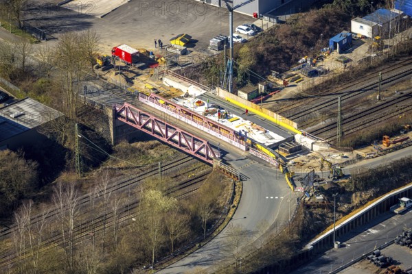 Aerial view, construction site and new bridge Auf der Bleiche over railway line, Wengern, Wetter, Ruhr area, North Rhine-Westphalia, Germany, DE, Europe, aerial view, aerial photography, aerial photography, overview, bird's eye view, Wetter (Ruhr), birds-eyes view, overview