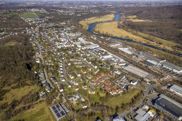 Aerial view, commercial area Auf der Bleiche with river Ruhr and residential area Osterfeldstraße, view of Wengern, Wetter, Ruhr area, North Rhine-Westphalia, Germany, DE, Europe, commercial enterprises, commercial area, commercial property, commercial park, commercial location, commercial use, property tax, real estate, industrial area, industrial location, aerial view, aerial photography, aerial photography, overview, bird's-eye view, Wetter (Ruhr), residential area, housing and living, residential area, residential quality, residential neighbourhood, housing estate, residential district, birds-eyes view, overview