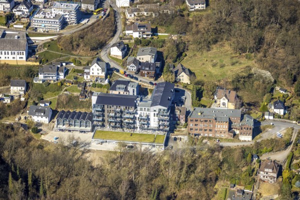 Aerial view, construction site and new construction flats with balconies, castle domicile in Hegestraße, Volmarstein, Wetter, Ruhr area, North Rhine-Westphalia, Germany, construction work, construction area, construction site, scaffolding, building plots, construction crane, construction project, construction site, DE, Europe, property tax, real estate, aerial view, aerial photography, aerial photography, new building, overview, bird's-eye view, Wetter (Ruhr), housing estate, housing and living, residential area, residential buildings, residential quality, residential neighbourhood, housing estate, residential district, birds-eyes view, overview