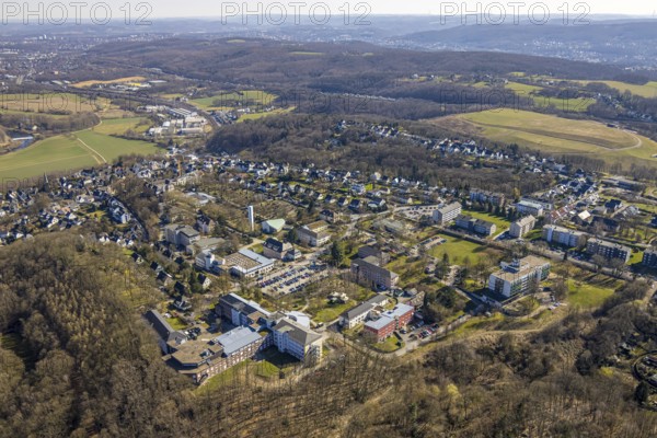 Aerial view, Evangelische Stiftung Volmarstein, workshop for disabled people, medical centre, forest and distant view, Grundschöttel, Wetter, Ruhr area, North Rhine-Westphalia, Germany, DE, Europe, healthcare, hospital, clinic, clinic centre, hospital, aerial photograph, aerial photography, aerial photography, medical facility, medical aid, overview, bird's eye view, Wetter (Ruhr), birds-eyes view, overview, medical care