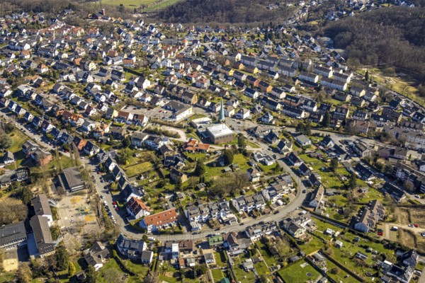 Aerial view, residential area Steinkampstraße local view Oberwengern with Christuskirche Grundschöttel, Oberwengern, Wetter, Ruhr area, North Rhine-Westphalia, Germany, place of worship, DE, Europe, religious community, place of worship, property tax, holy place, real estate, church, parish, denomination, aerial view, aerial photography, aerial photography, religion, religious site, overview, bird's-eye view, Wetter (Ruhr), housing estate, housing and living, residential area, quality of life, residential neighbourhood, housing estate, residential area, birds-eyes view, overview