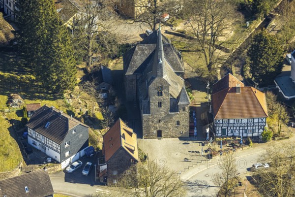 Aerial view, Protestant church and restaurant Leimkasten half-timbered house Wengern, Wetter, Ruhr area, North Rhine-Westphalia, Germany, place of worship, DE, Europe, half-timbered house, gastronomy, religious community, place of worship, holy place, church, parish, denomination, aerial view, aerial photography, aerial photography, religion, religious site, overview, bird's-eye view, Wetter (Ruhr), birds-eyes view, overview