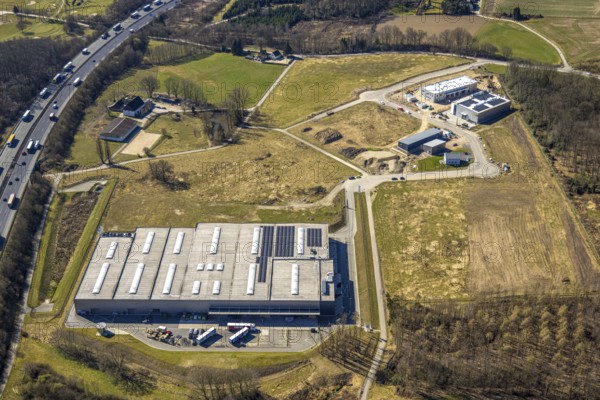 Aerial view, industrial estate An den Drei Eichen, AOS Stahl GmbH, Koro RIW company premises, Grundschöttel, Wetter, Ruhr area, North Rhine-Westphalia, Germany, DE, Europe, commercial enterprises, commercial area, commercial property, commercial park, commercial site, commercial use, industrial area, industrial site, aerial photograph, aerial photography, aerial photography, overview, bird's-eye view, Wetter (Ruhr), birds-eyes view, overview