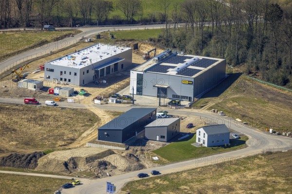 Aerial view, industrial estate An den Drei Eichen, Koro RIW company premises, Grundschöttel, Wetter, Ruhr area, North Rhine-Westphalia, Germany, DE, Europe, commercial enterprises, commercial area, industrial estate, commercial property, commercial park, commercial site, commercial use, industrial area, industrial site, aerial photograph, aerial photography, aerial photography, overview, bird's-eye view, Wetter (Ruhr), birds-eyes view, overview