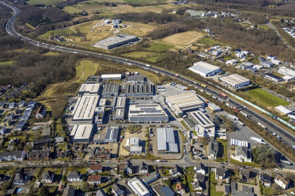 Aerial view, commercial area Vogelsanger Straße with motorway A1, Schmandbruch, Wetter, Ruhr area, North Rhine-Westphalia, Germany, motorway, DE, Europe, commercial enterprises, commercial area, commercial area, commercial property, commercial park, commercial location, commercial use, industrial area, industrial location, aerial view, aerial photography, aerial photography, aerial photography, road traffic, overview, bird's-eye view, Wetter (Ruhr), birds-eyes view, overview