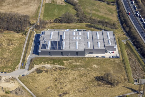 Aerial view, industrial estate An den Drei Eichen, AOS Stahl GmbH, Grundschöttel, Wetter, Ruhr area, North Rhine-Westphalia, Germany, DE, Europe, commercial enterprises, commercial area, industrial estate, commercial property, commercial park, commercial location, commercial use, industrial area, industrial location, aerial photograph, aerial photography, aerial photography, overview, bird's-eye view, Wetter (Ruhr), birds-eyes view, overview